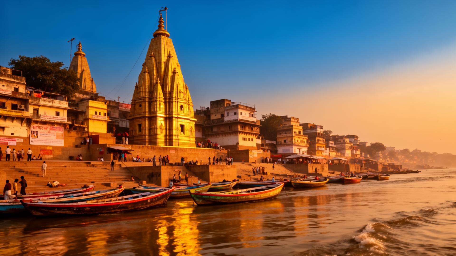 Varanasi ghats and Ganga at sunset